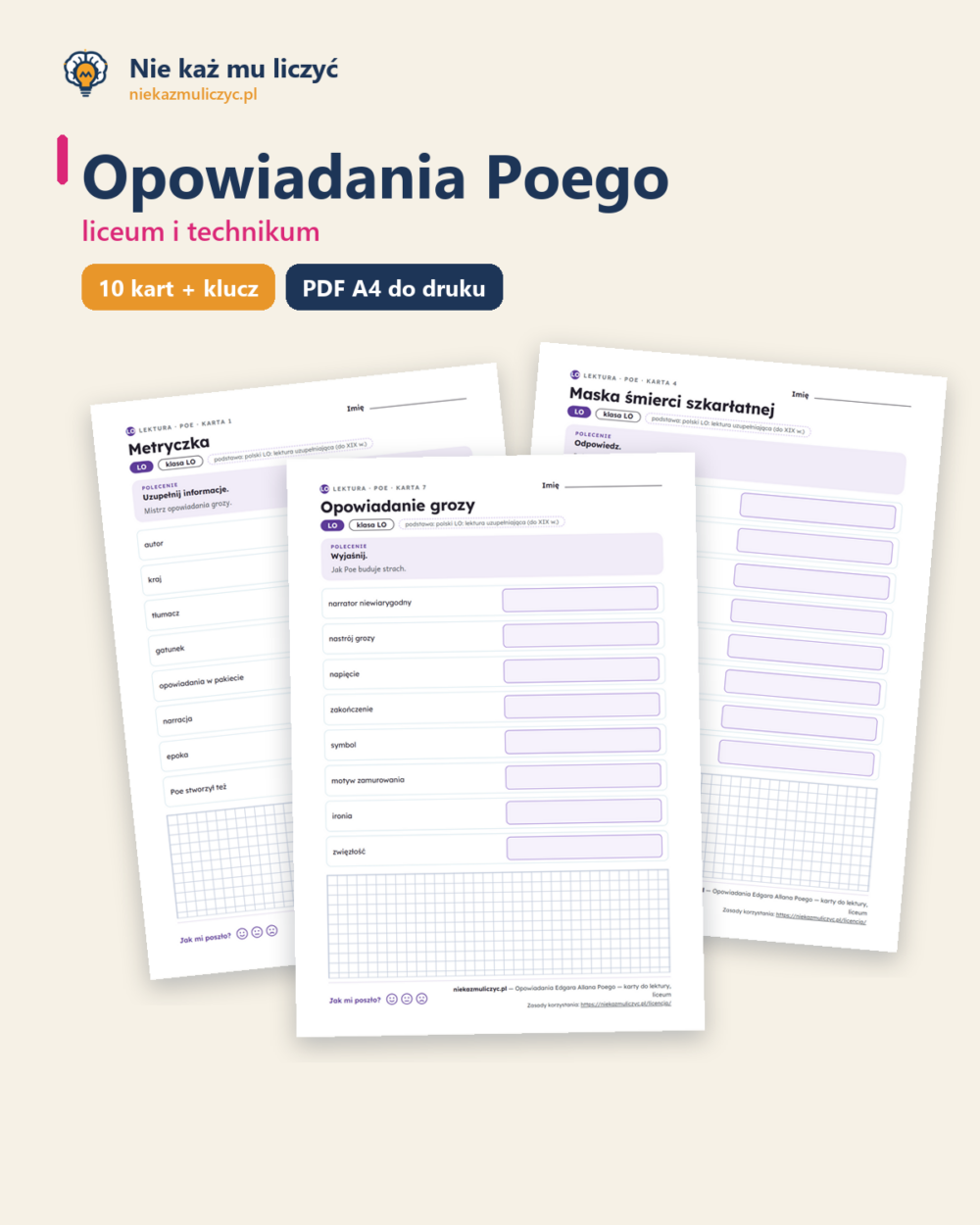 Opowiadania Poego — karty do lektury, liceum, 10 kart PDF — okładka