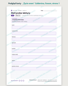 „Życie snem” Calderóna — karty do lektury, liceum, 10 kart PDF — podgląd karty, strona 1