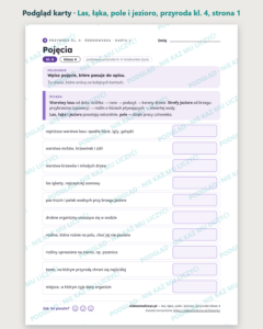 Las, łąka, pole i jezioro, przyroda klasa 4 — 10 kart PDF z kluczem — podgląd karty, strona 1