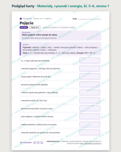 Technika kl. 5–6: materiały, rysunek, energia — 10 kart PDF z kluczem — podgląd karty, strona 1