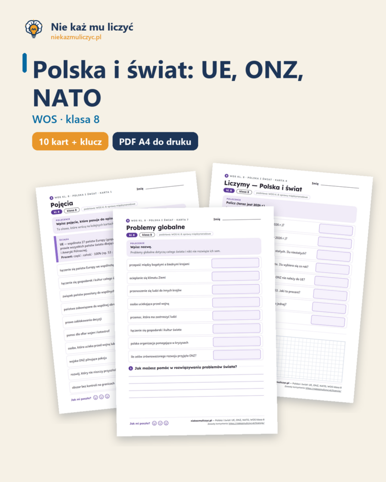 Polska i świat: UE, ONZ i NATO, WOS klasa 8 — 10 kart PDF z kluczem — okładka