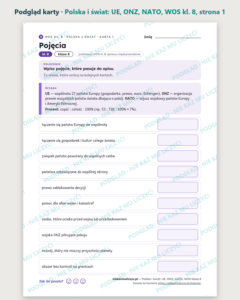 Polska i świat: UE, ONZ i NATO, WOS klasa 8 — 10 kart PDF z kluczem — podgląd karty, strona 1