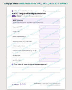 Polska i świat: UE, ONZ i NATO, WOS klasa 8 — 10 kart PDF z kluczem — podgląd karty, strona 6