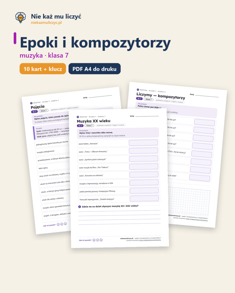 Epoki i kompozytorzy, muzyka klasa 7 — 10 kart pracy PDF z kluczem — okładka