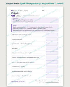 Epoki i kompozytorzy, muzyka klasa 7 — 10 kart pracy PDF z kluczem — podgląd karty, strona 1