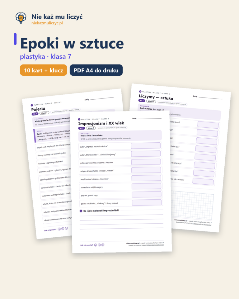 Epoki w sztuce, plastyka klasa 7 — 10 kart pracy PDF z kluczem — okładka