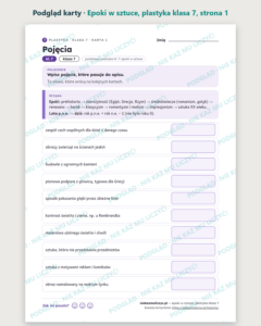 Epoki w sztuce, plastyka klasa 7 — 10 kart pracy PDF z kluczem — podgląd karty, strona 1
