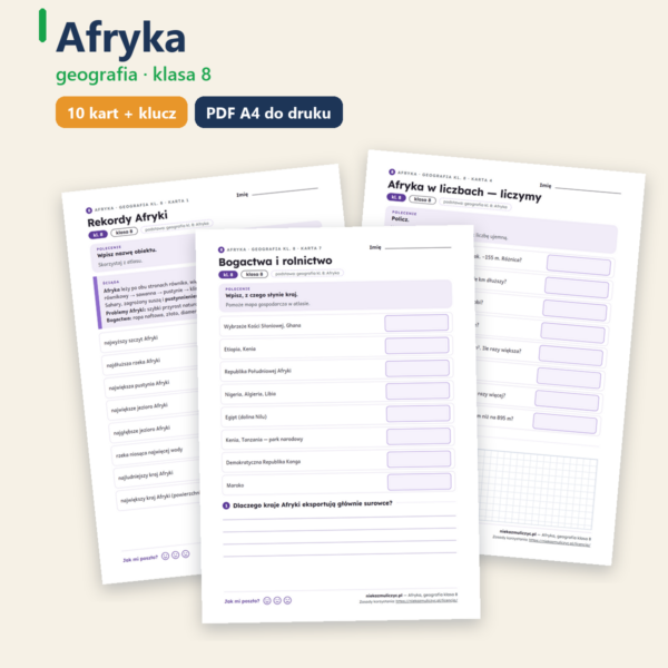 Afryka, geografia klasa 8 — 10 kart pracy PDF z kluczem — okładka