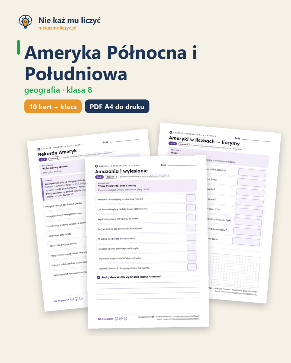 Ameryka Północna i Południowa, kl. 8 — 10 kart pracy PDF z kluczem — okładka
