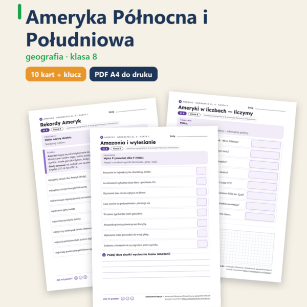 Ameryka Północna i Południowa, kl. 8 — 10 kart pracy PDF z kluczem — okładka