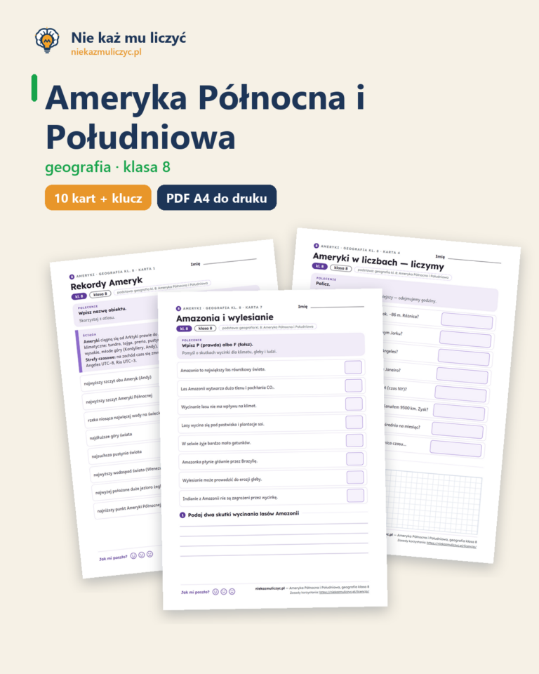 Ameryka Północna i Południowa, kl. 8 — 10 kart pracy PDF z kluczem — okładka