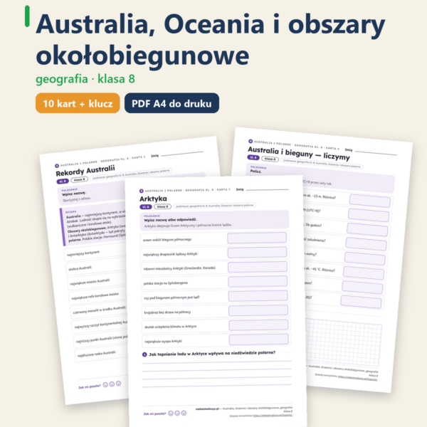 Australia, Oceania i obszary polarne, kl. 8 — 10 kart PDF z kluczem — okładka