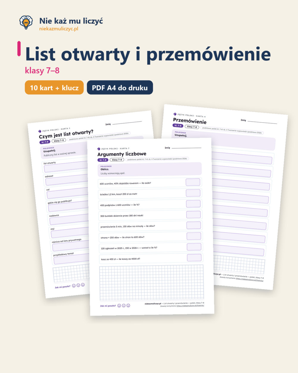 List otwarty i przemówienie — polski, klasy 7–8, 10 kart PDF — okładka