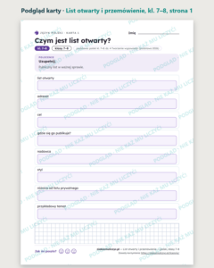 List otwarty i przemówienie — polski, klasy 7–8, 10 kart PDF — podgląd karty, strona 1