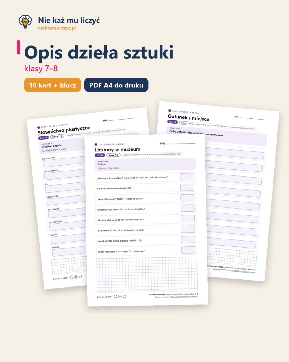 Opis dzieła sztuki — polski, klasy 7–8, 10 kart PDF — okładka