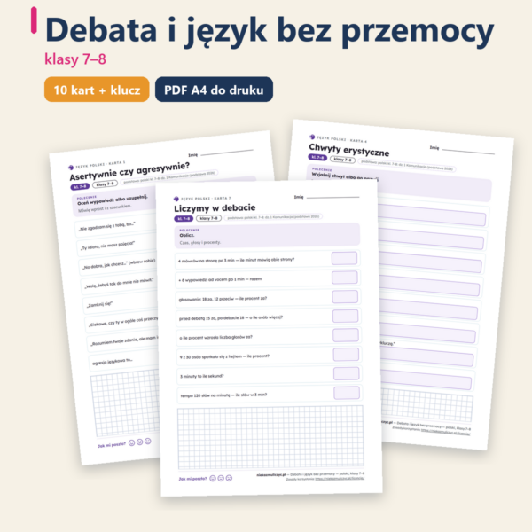 Okładka: Debata i język bez przemocy — polski, klasy 7–8, 10 kart PDF