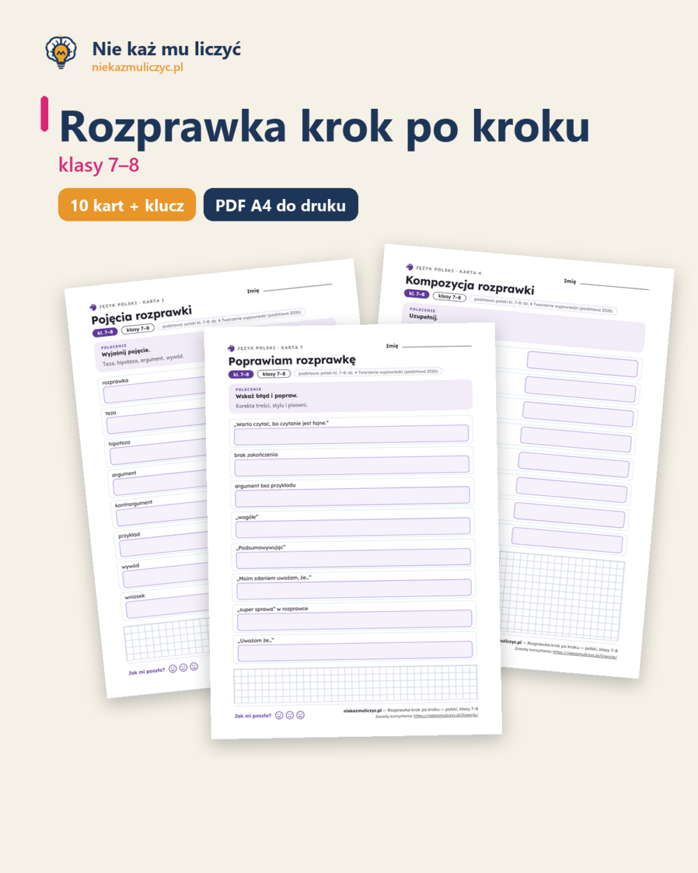 Rozprawka krok po kroku — polski, klasy 7–8, 10 kart PDF — okładka