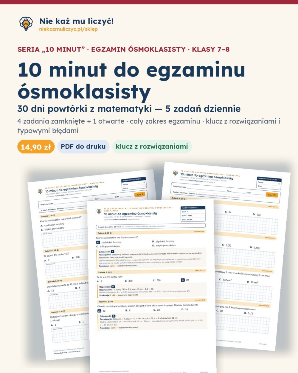 10 minut do egzaminu ósmoklasisty — matematyka: 30 dni, PDF z kluczem — okładka