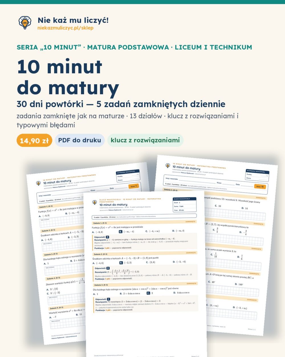 10 minut do matury — matematyka podstawowa: 30 dni, PDF z kluczem — okładka