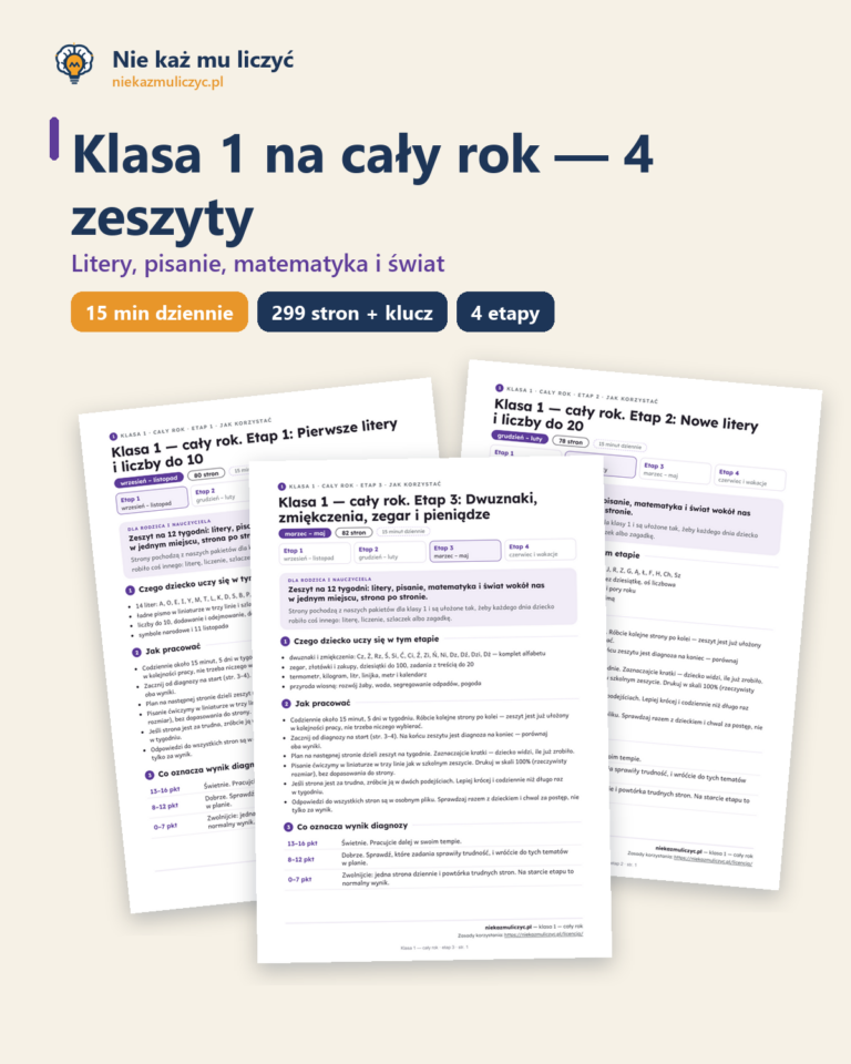 Klasa 1 na cały rok — 4 zeszyty PDF z kluczem, 15 minut dziennie — okładka