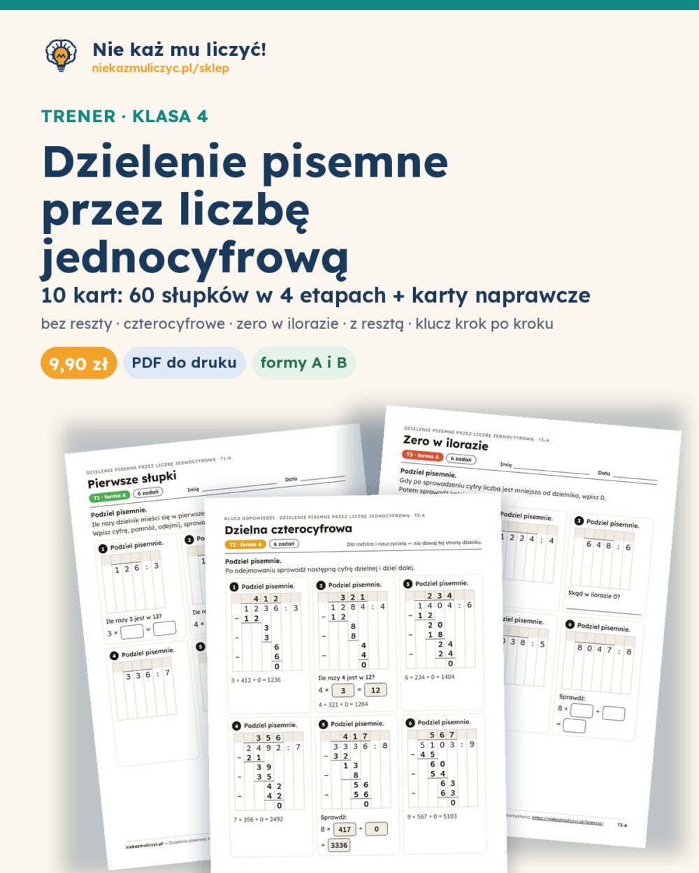 Dzielenie pisemne przez liczbę jednocyfrową — 10 kart PDF z kluczem — okładka