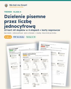 Dzielenie pisemne przez liczbę jednocyfrową — 10 kart PDF z kluczem — okładka