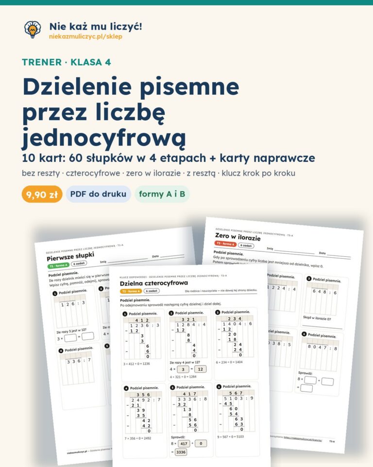 Dzielenie pisemne przez liczbę jednocyfrową — 10 kart PDF z kluczem — okładka