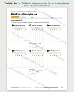 Dzielenie pisemne przez liczbę jednocyfrową — 10 kart PDF z kluczem — podgląd karty T2-A, strona 3