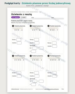 Dzielenie pisemne przez liczbę jednocyfrową — 10 kart PDF z kluczem — podgląd karty T4-A, strona 5