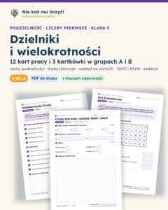 Dzielniki i wielokrotności, NWD i NWW, klasa 5 — 12 kart pracy PDF z kluczem — okładka