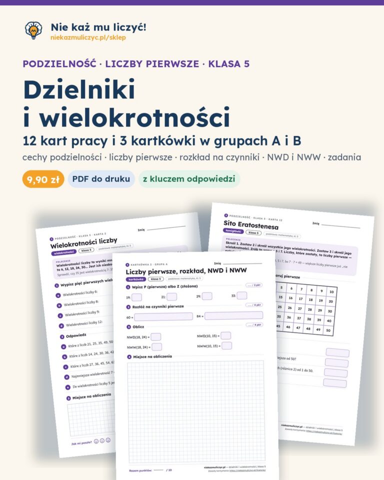 Dzielniki i wielokrotności, NWD i NWW, klasa 5 — 12 kart pracy PDF z kluczem — okładka