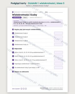 Dzielniki i wielokrotności, NWD i NWW, klasa 5 — 12 kart pracy PDF z kluczem — podgląd karty 2