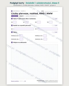 Dzielniki i wielokrotności, NWD i NWW, klasa 5 — 12 kart pracy PDF z kluczem — podgląd kartkówki 1, grupa A