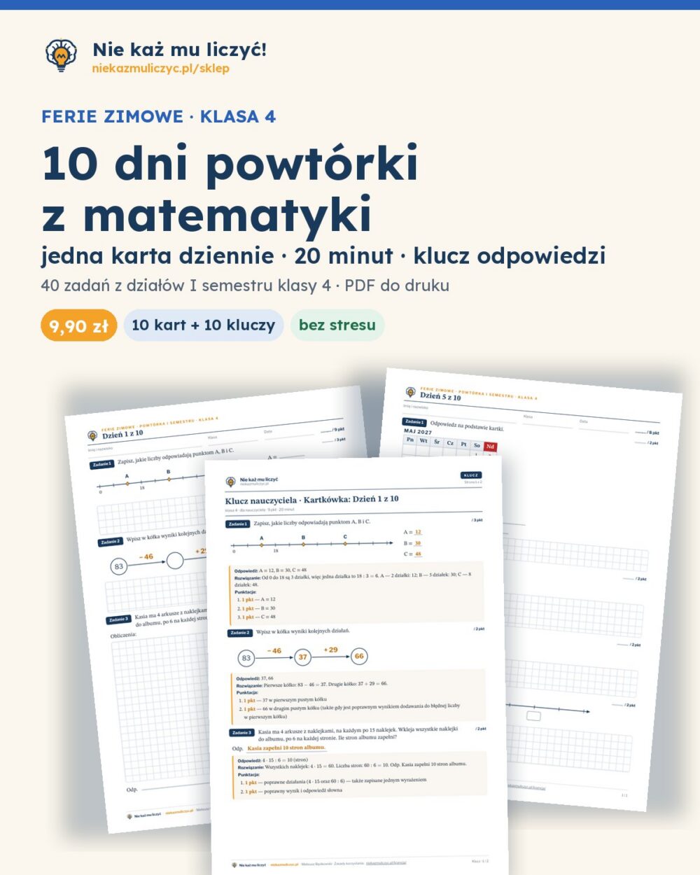 Ferie zimowe: 10 dni powtórki z matematyki, klasa 4 — PDF z kluczem — okładka