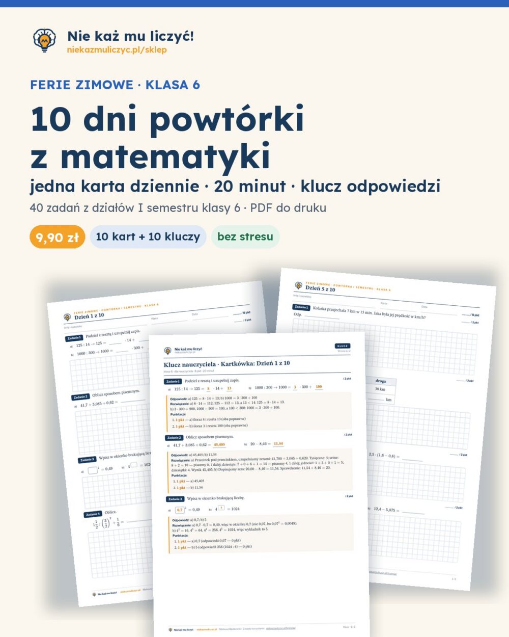Ferie zimowe: 10 dni powtórki z matematyki, klasa 6 — PDF z kluczem — okładka