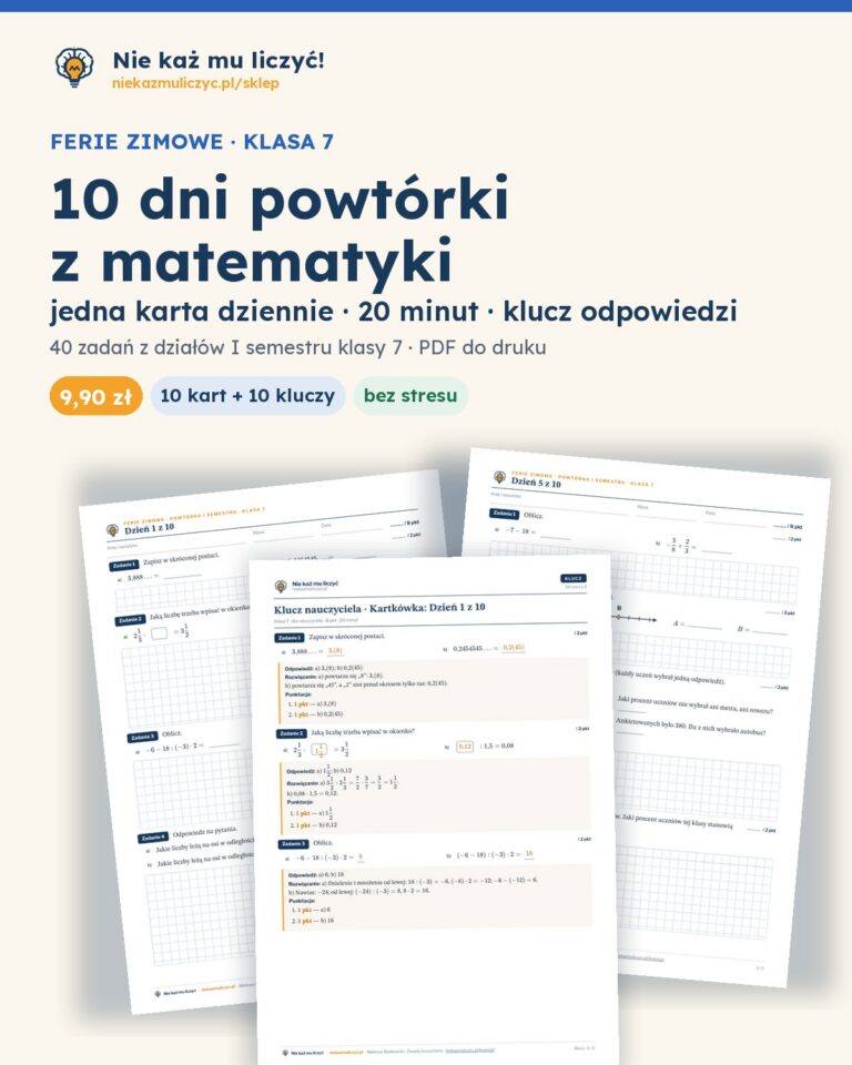 Ferie zimowe: 10 dni powtórki z matematyki, klasa 7 — PDF z kluczem — okładka