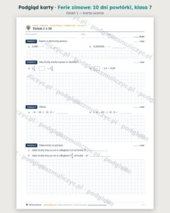 Ferie zimowe: 10 dni powtórki z matematyki, klasa 7 — PDF z kluczem — podgląd karty, dzień 1