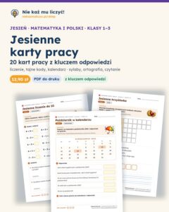 Jesienne karty pracy, klasy 1–3 — 20 kart PDF z kluczem — okładka