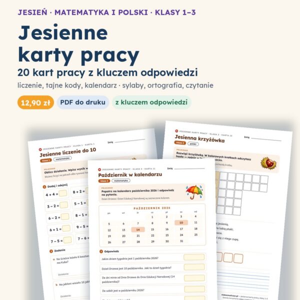 Okładka: Jesienne karty pracy, klasy 1–3 — 20 kart PDF z kluczem