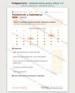 Jesienne karty pracy, klasy 1–3 — 20 kart PDF z kluczem — podgląd karty 11 (kalendarz października)