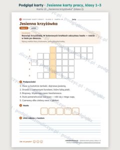 Jesienne karty pracy, klasy 1–3 — 20 kart PDF z kluczem — podgląd karty 13 (jesienna krzyżówka)