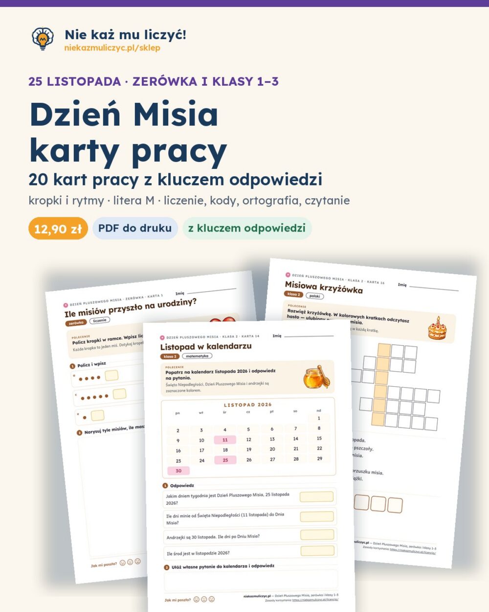 Dzień Pluszowego Misia — 20 kart pracy PDF, zerówka i klasy 1–3 — okładka