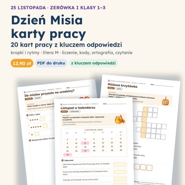 Okładka: Dzień Pluszowego Misia — 20 kart pracy PDF, zerówka i klasy 1–3