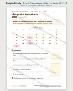 Dzień Pluszowego Misia — 20 kart pracy PDF, zerówka i klasy 1–3 — podgląd karty 14 (listopad w kalendarzu)