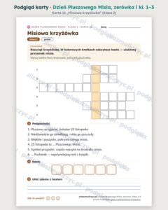 Dzień Pluszowego Misia — 20 kart pracy PDF, zerówka i klasy 1–3 — podgląd karty 16 (misiowa krzyżówka)