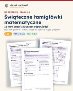 Świąteczne łamigłówki matematyczne, klasy 4–6 — 16 kart pracy PDF z kluczem — okładka