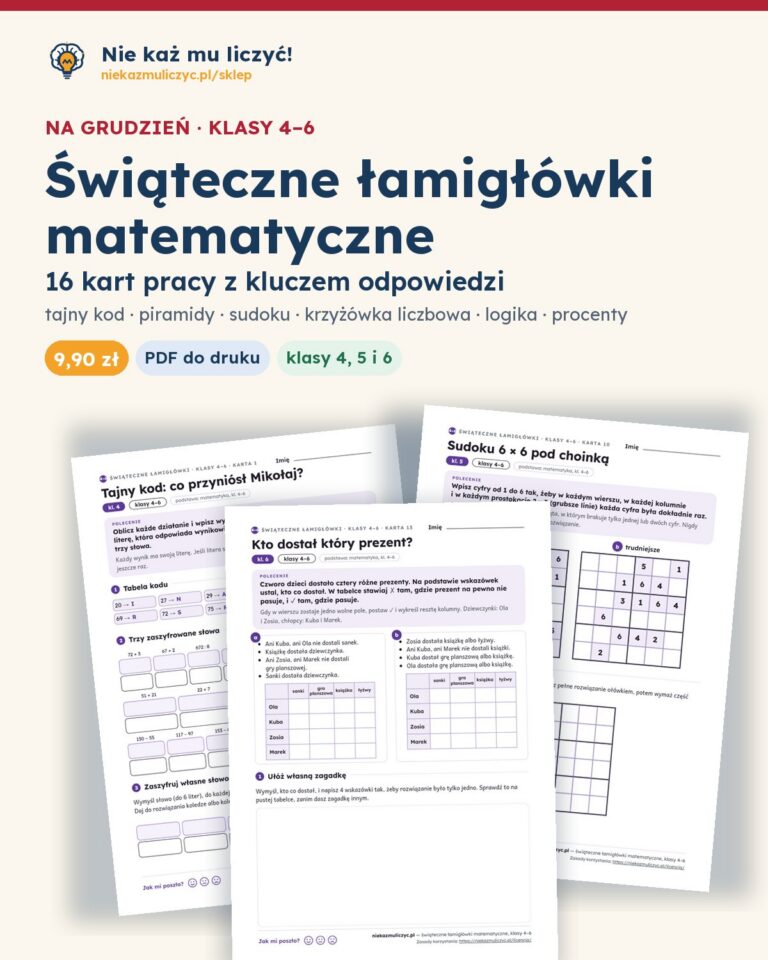 Świąteczne łamigłówki matematyczne, klasy 4–6 — 16 kart pracy PDF z kluczem — okładka