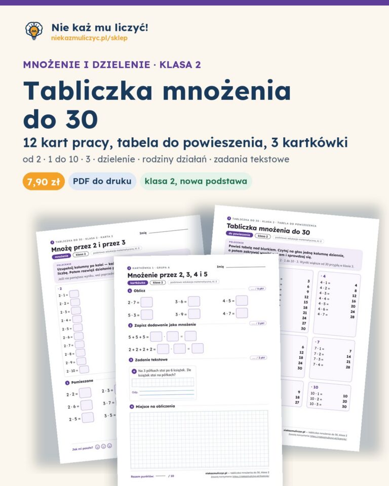 Tabliczka mnożenia do 30, klasa 2 — 12 kart pracy PDF z kluczem — okładka