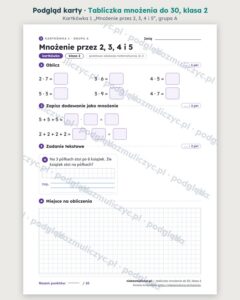 Tabliczka mnożenia do 30, klasa 2 — 12 kart pracy PDF z kluczem — podgląd kartkówki 1, grupa A
