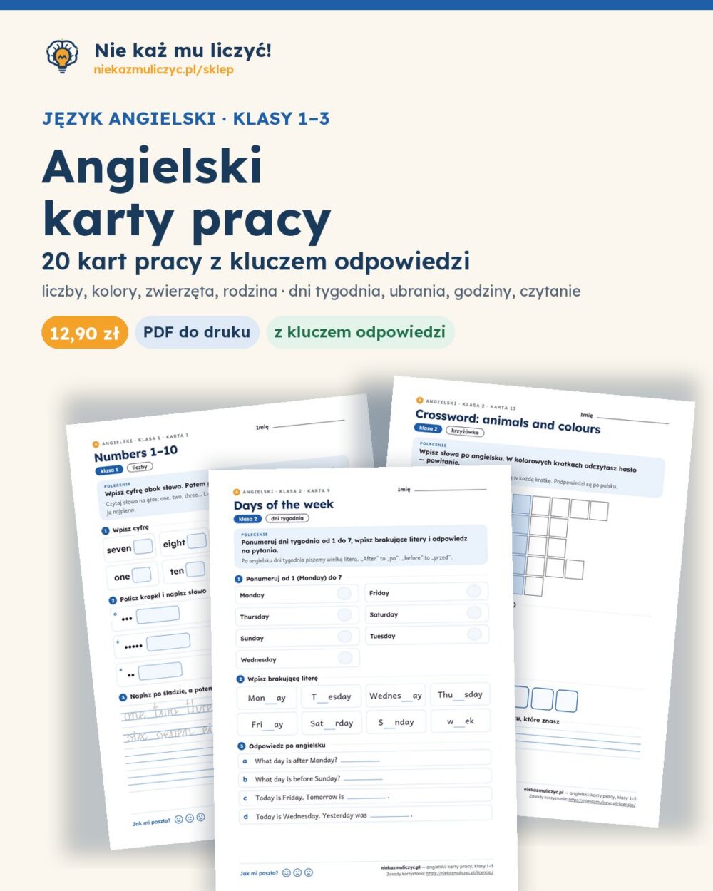 Angielski dla klas 1–3 — 20 kart pracy PDF z kluczem — okładka